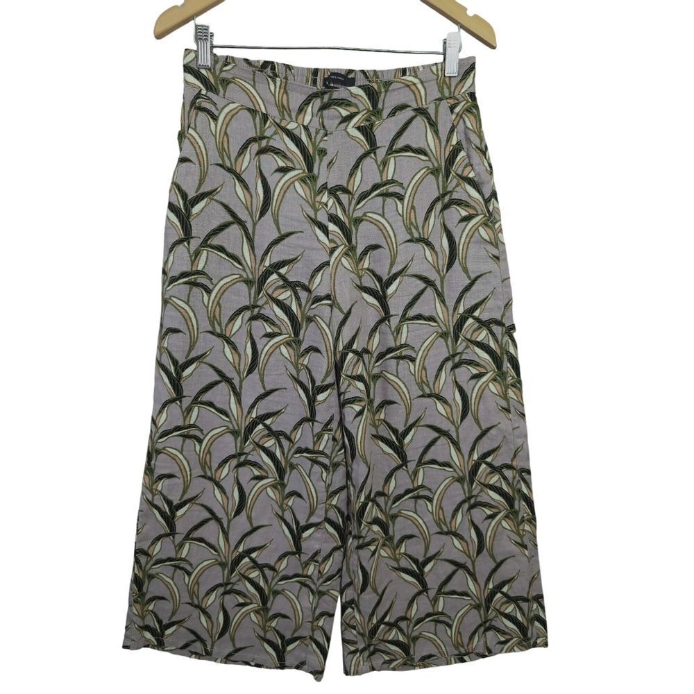 Tahari Wide Leg Linen Pants Womens M Purple Leaf Print Pull On Pockets
